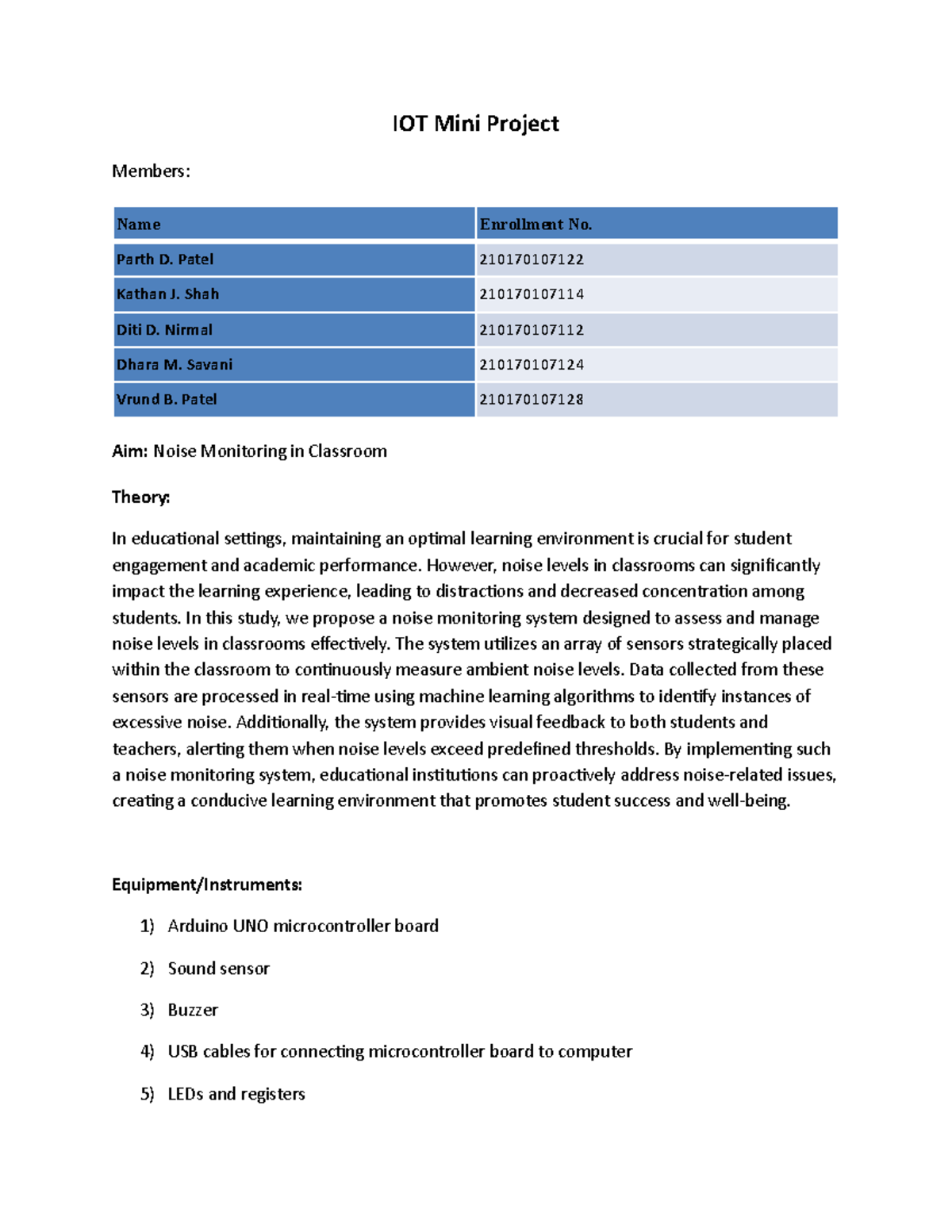 IOT Mini Project - vfdjfdfsoj - IOT Mini Project Members: Aim: Noise ...