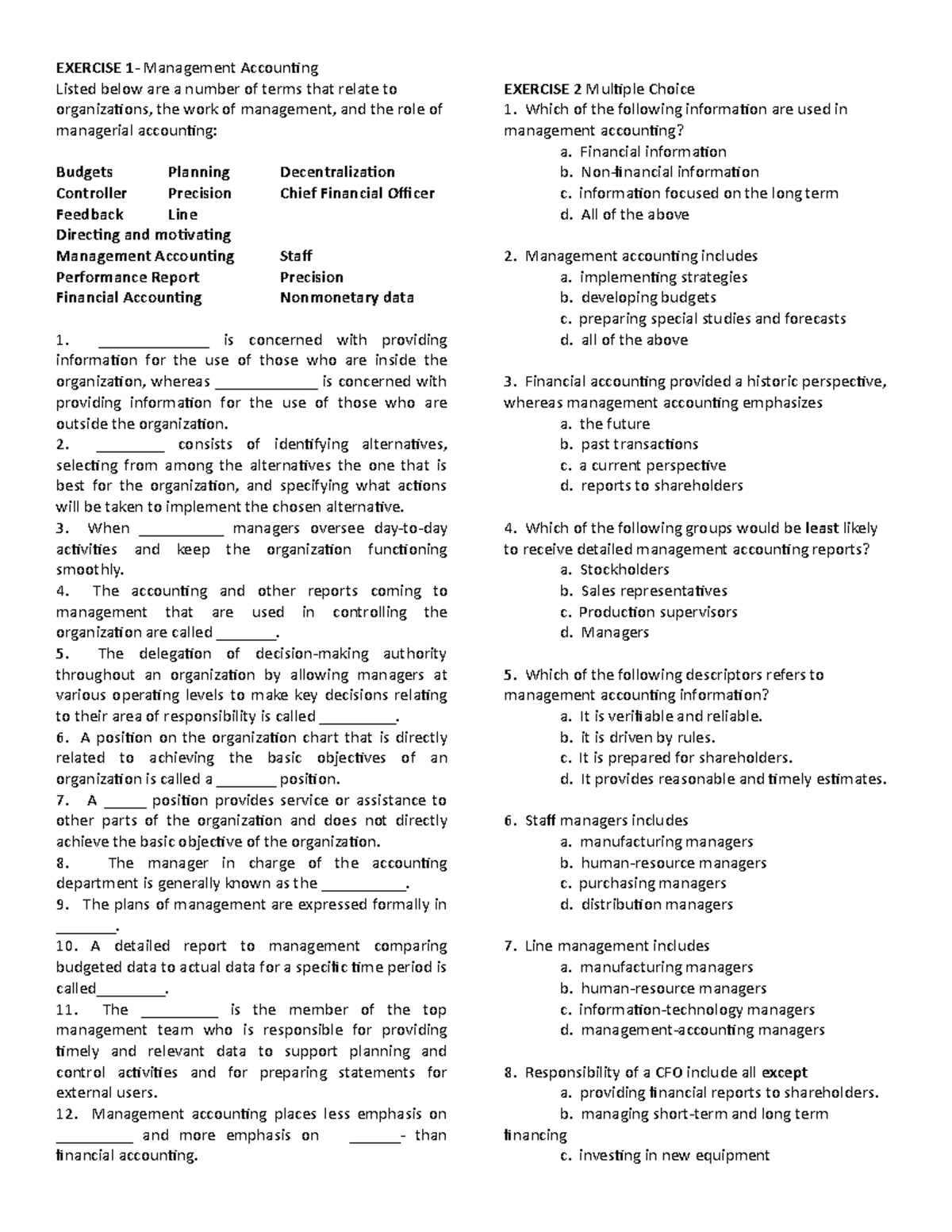 Exercises-Management Accounting - EXERCISE 1- Management Accounting ...