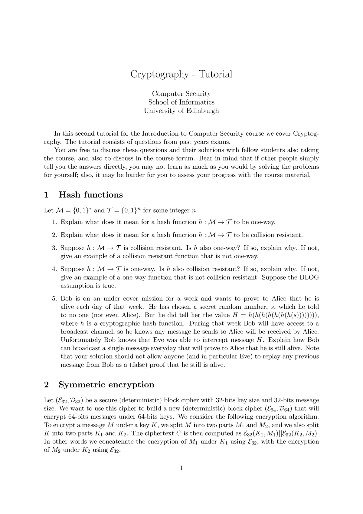 Questions Tutorial 2 - Cryptography - Cryptography - Tutorial Computer ...