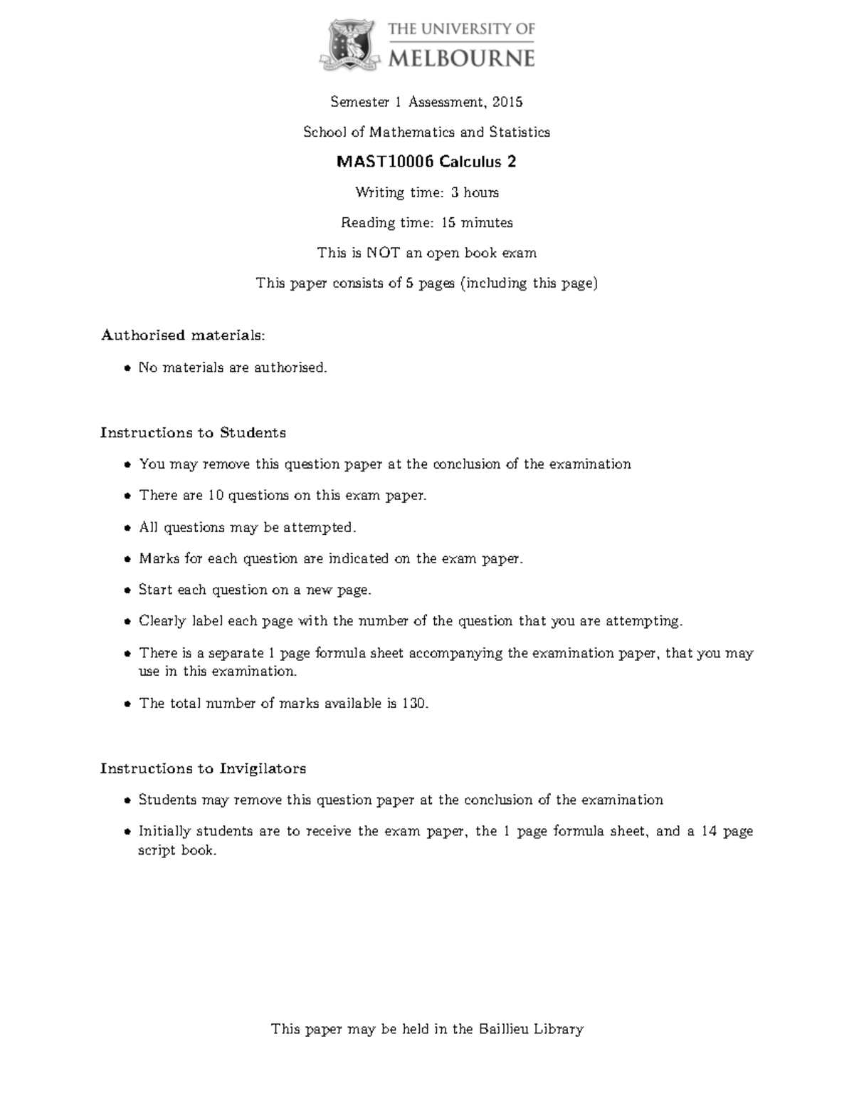 Exam June 2015, questions - ! Semester 1 Assessment, 2015 School of ...