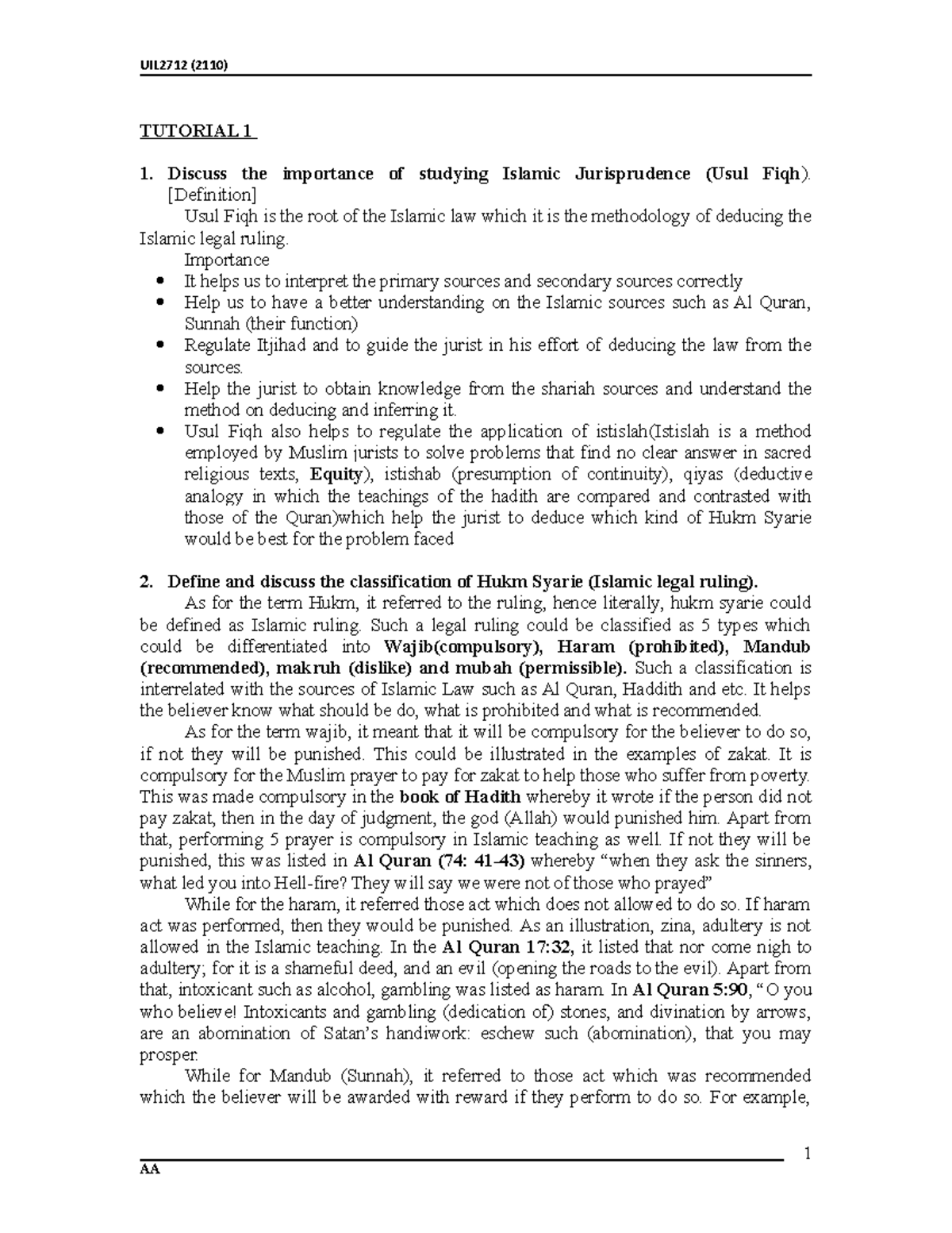 Islamic Tutorial 1 Usul Fiqh Uil2712 2110 Tutorial 1 1 Discuss