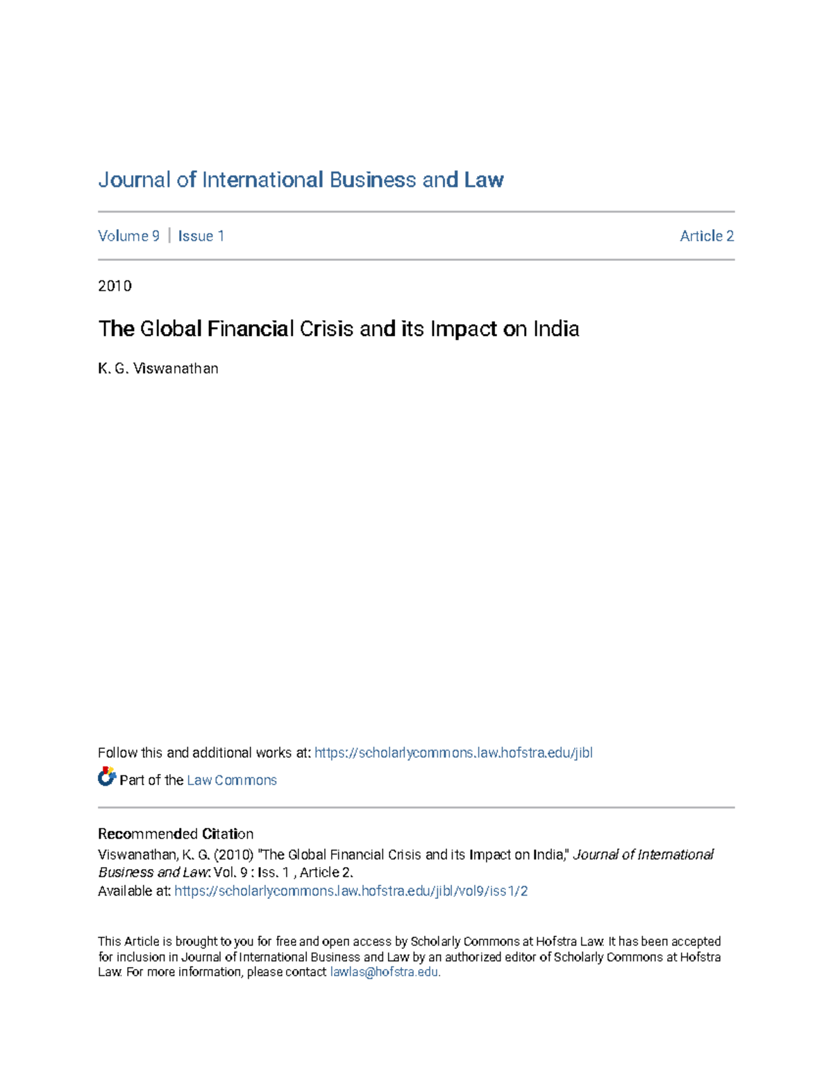 The Global Financial Crisis and its Impact on India - G. Viswanathan ...
