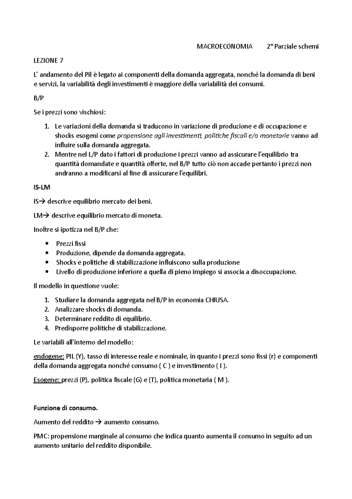 Macroeconomia Appunti - Macroeconomia 2° Parziale Schemi Lezione 7 L 