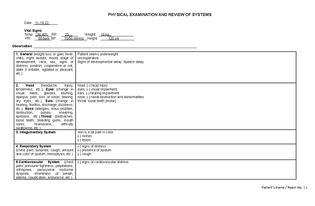 PAROS Physical Assessment review of Systems Nursing Level 2