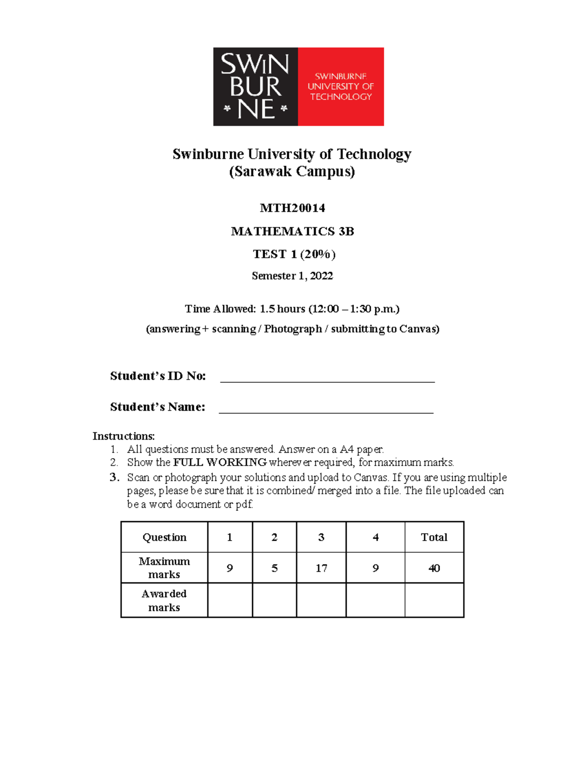 Test 1 Mathematics 3b Test 1 Swinburne University Of Technology