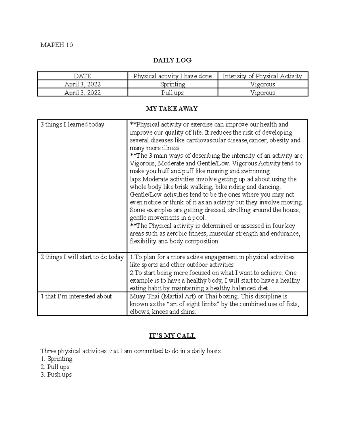 Mapeh Daily LOG Grade 10 - MAPEH 10 DAILY LOG DATE Physical activity I ...