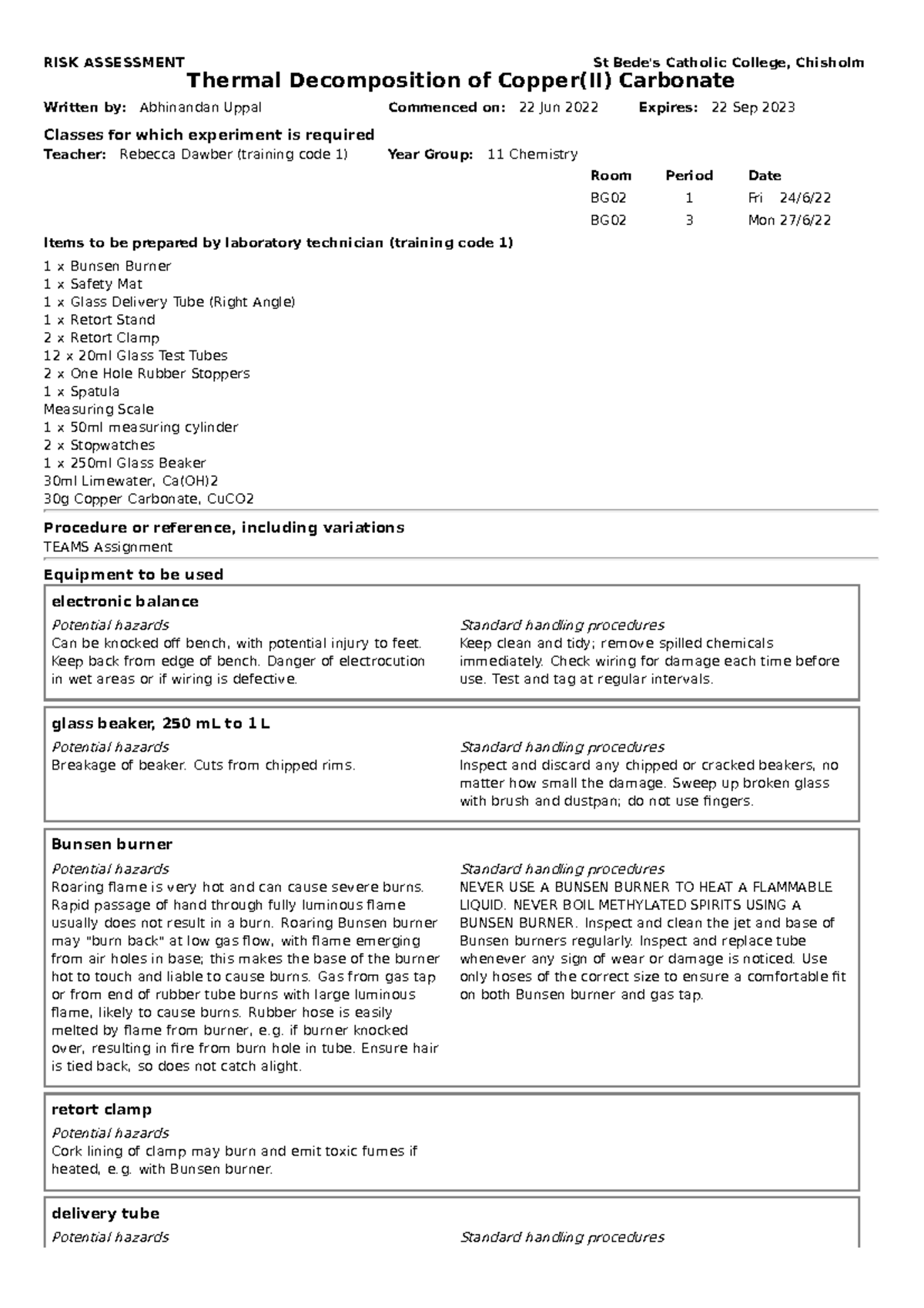 Thermal decomposition of copper ii carbonate - Teacher: Rebecca Dawber ...