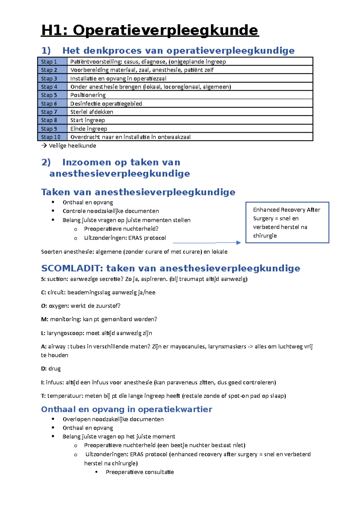 Samenvatting operatieverpleegkunde - H1: Operatieverpleegkunde 1) Het ...