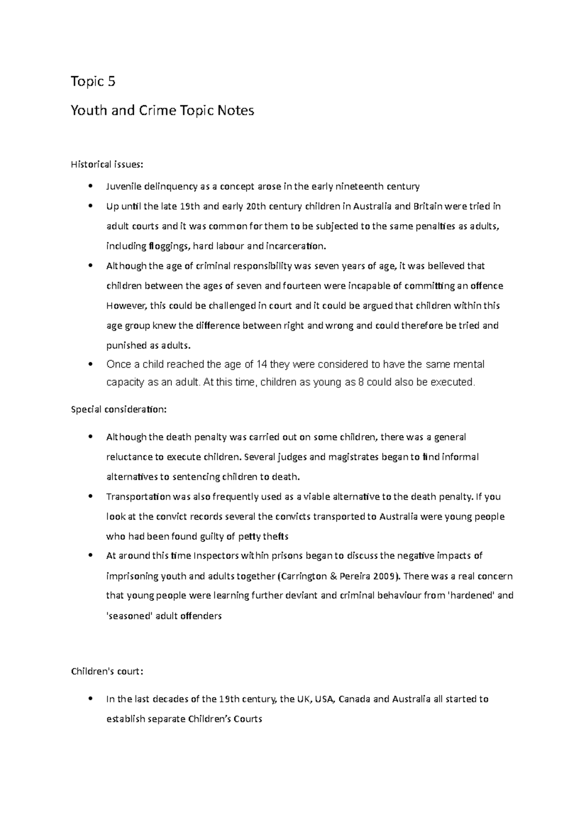 Topic 5 - CRIM100 lecture notes - Topic 5 Youth and Crime Topic Notes ...