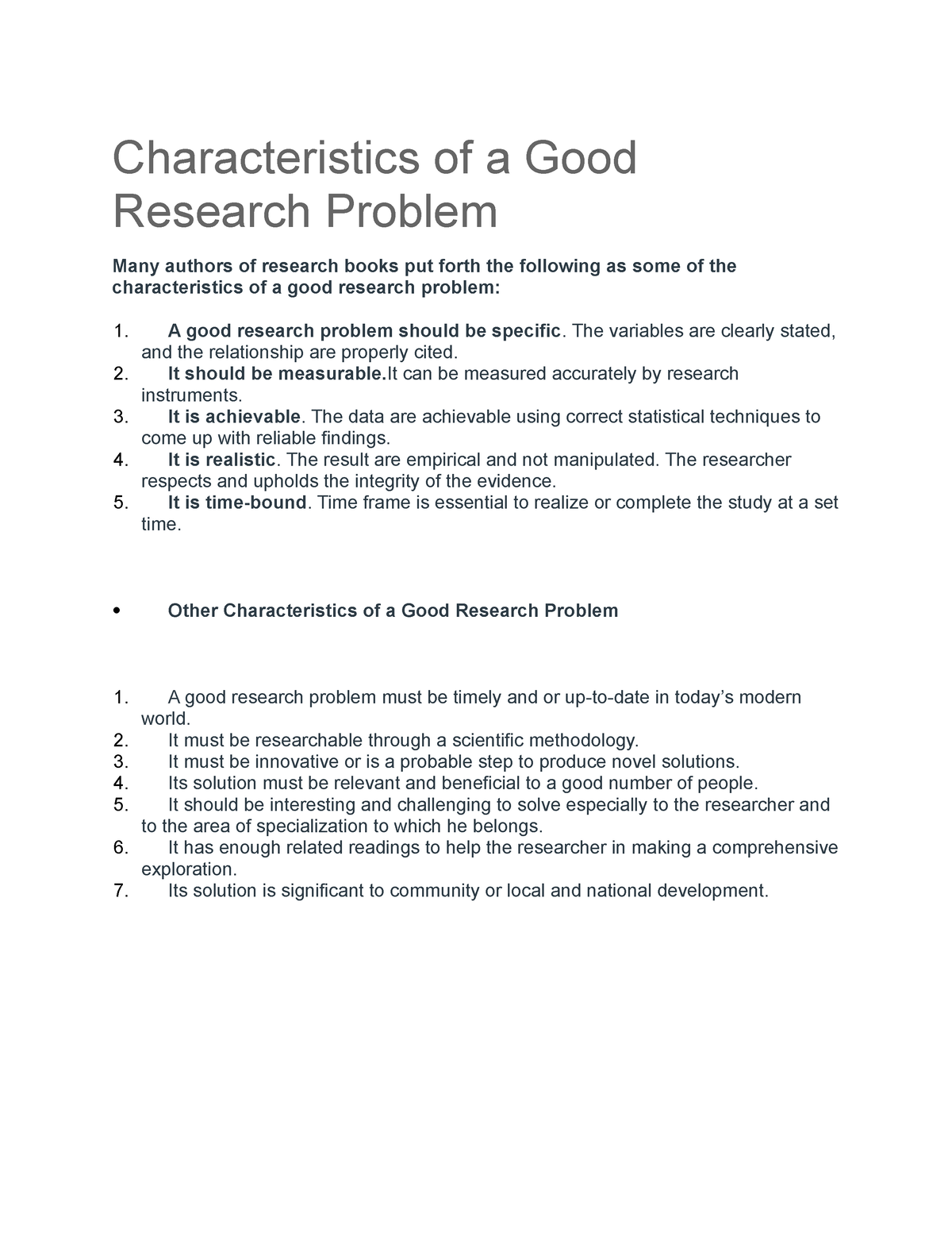 Characteristics Of A Good Research Problem Education StuDocu