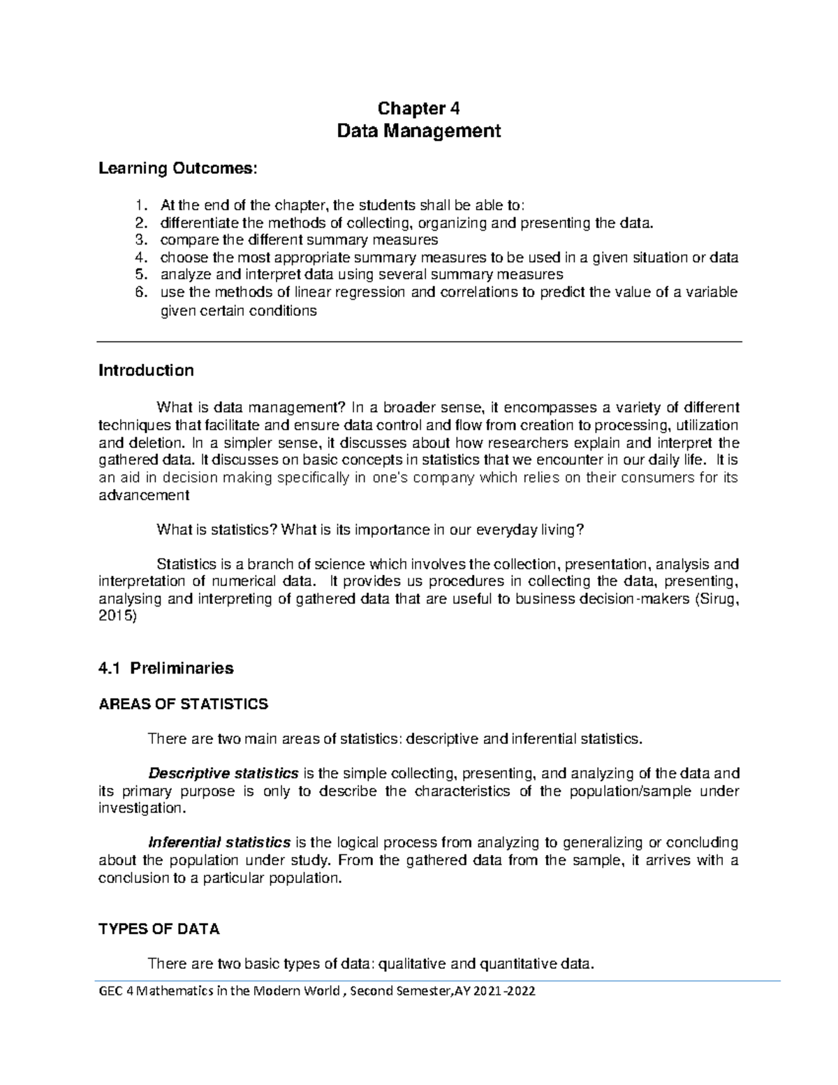 GEC 4 MMW Chapter Learning Materials and activities Chapter 4 Data