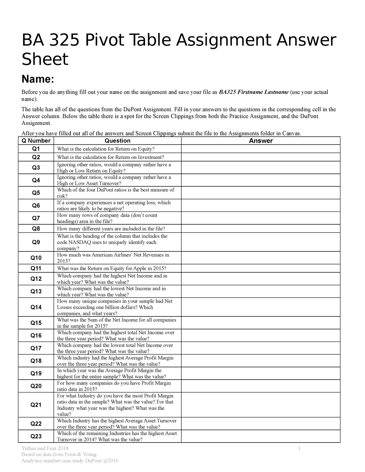ba 325 pivot table assignment answer sheet