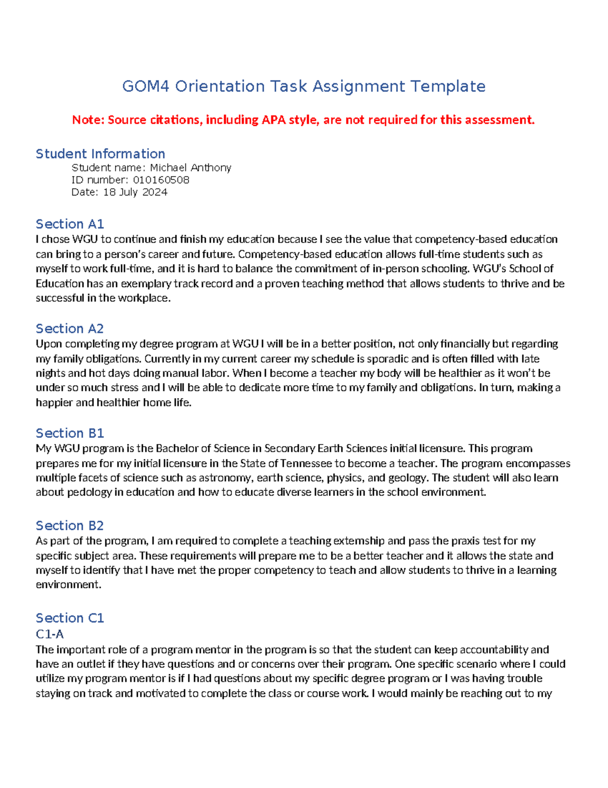Orientation Task T1 Anthony Michael - GOM4 Orientation Task Assignment ...