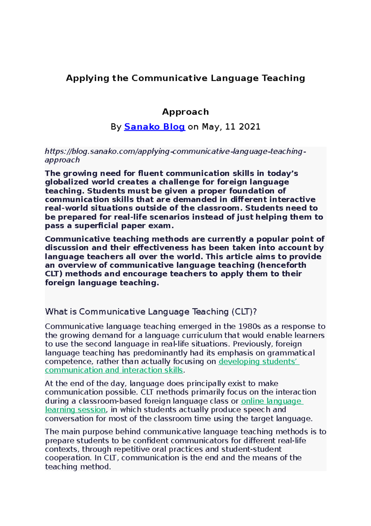 Applying the Communicative Language Teaching Approach - Applying the ...