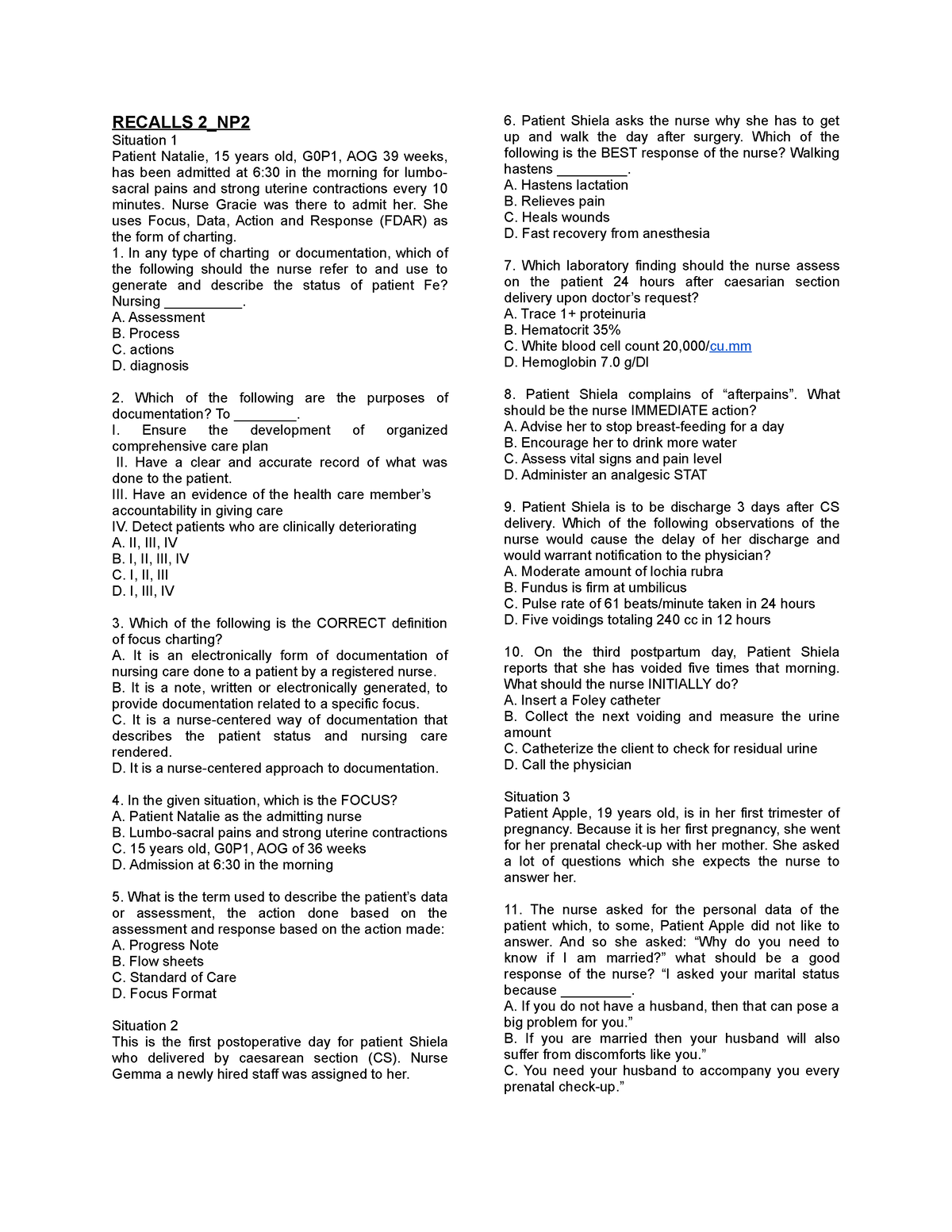 Recalls 2 NP2 - LECTURE - RECALLS 2_NP Situation 1 Patient Natalie, 15 ...