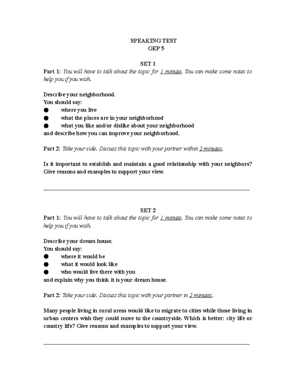 GEP 5 Speaking test - Test Sets updated - SPEAKING TEST GEP 5 SET 1 ...
