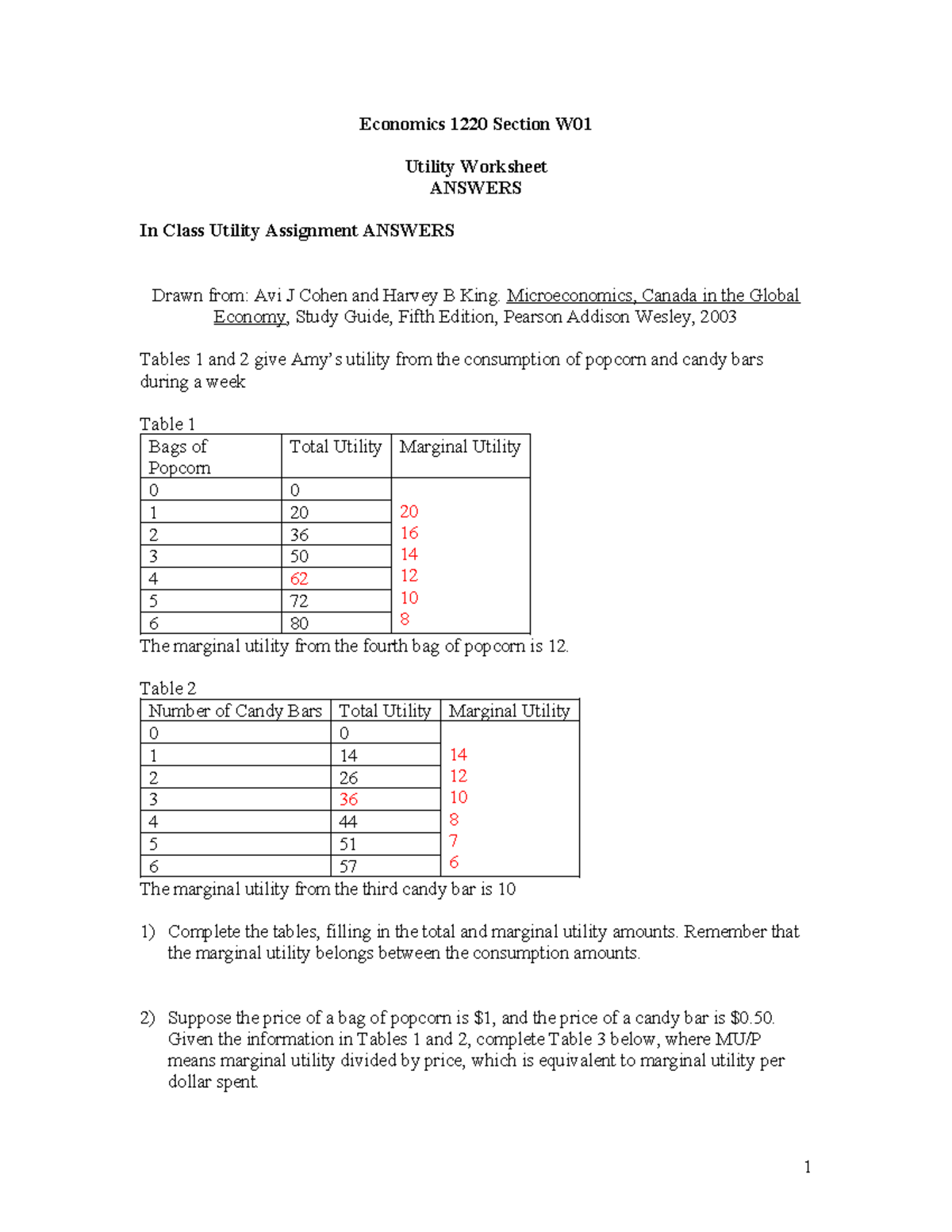 Utility Worksheet Answers F23 Economics 1220 Section W Utility