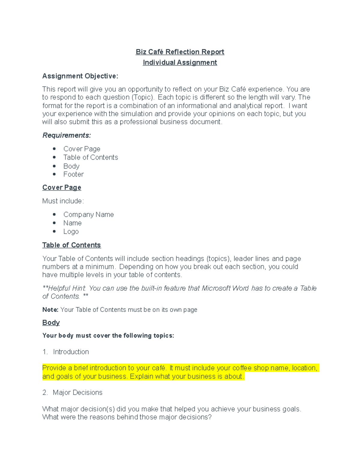 Report assignment - Biz Café Reflection Report Individual Assignment ...