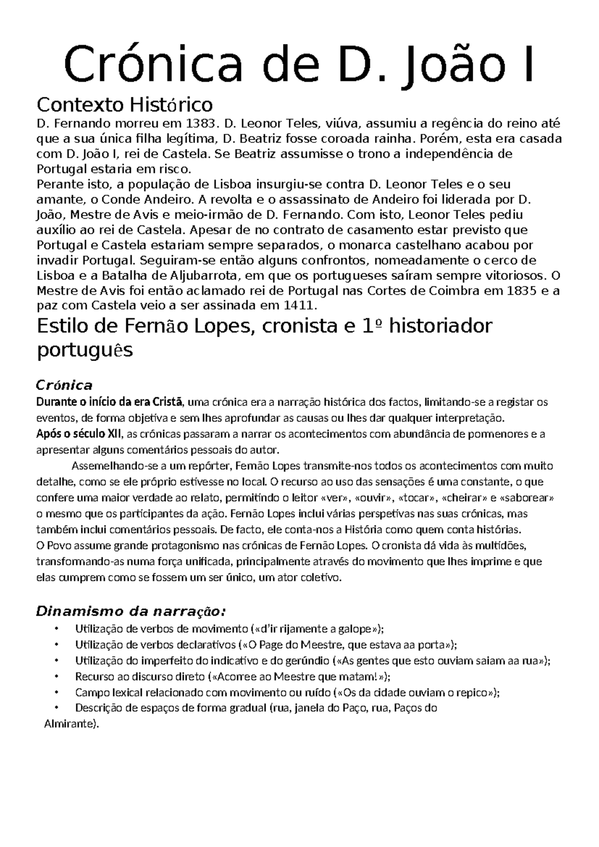 452070328 Cronica de D Joao Resumo - Crónica de D. João I Contexto ...