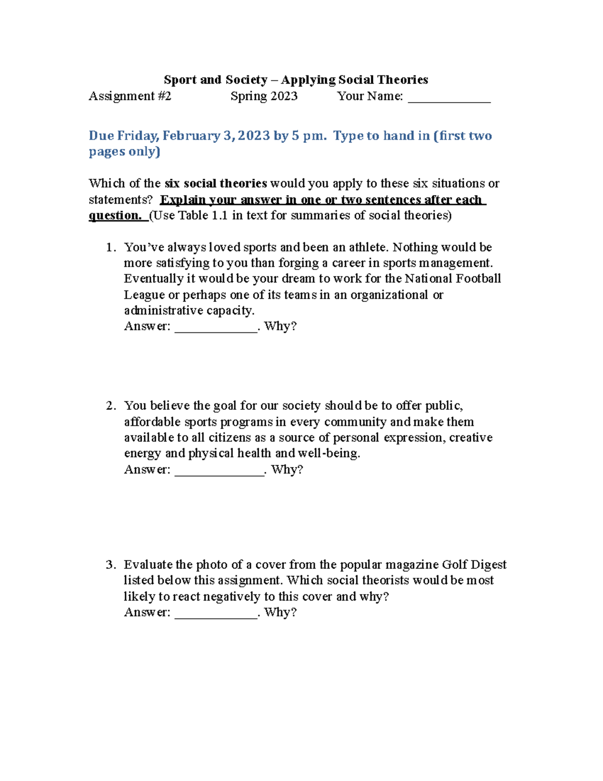 Assignment #2 - Applying Social Theories - Sport and Society – Applying ...