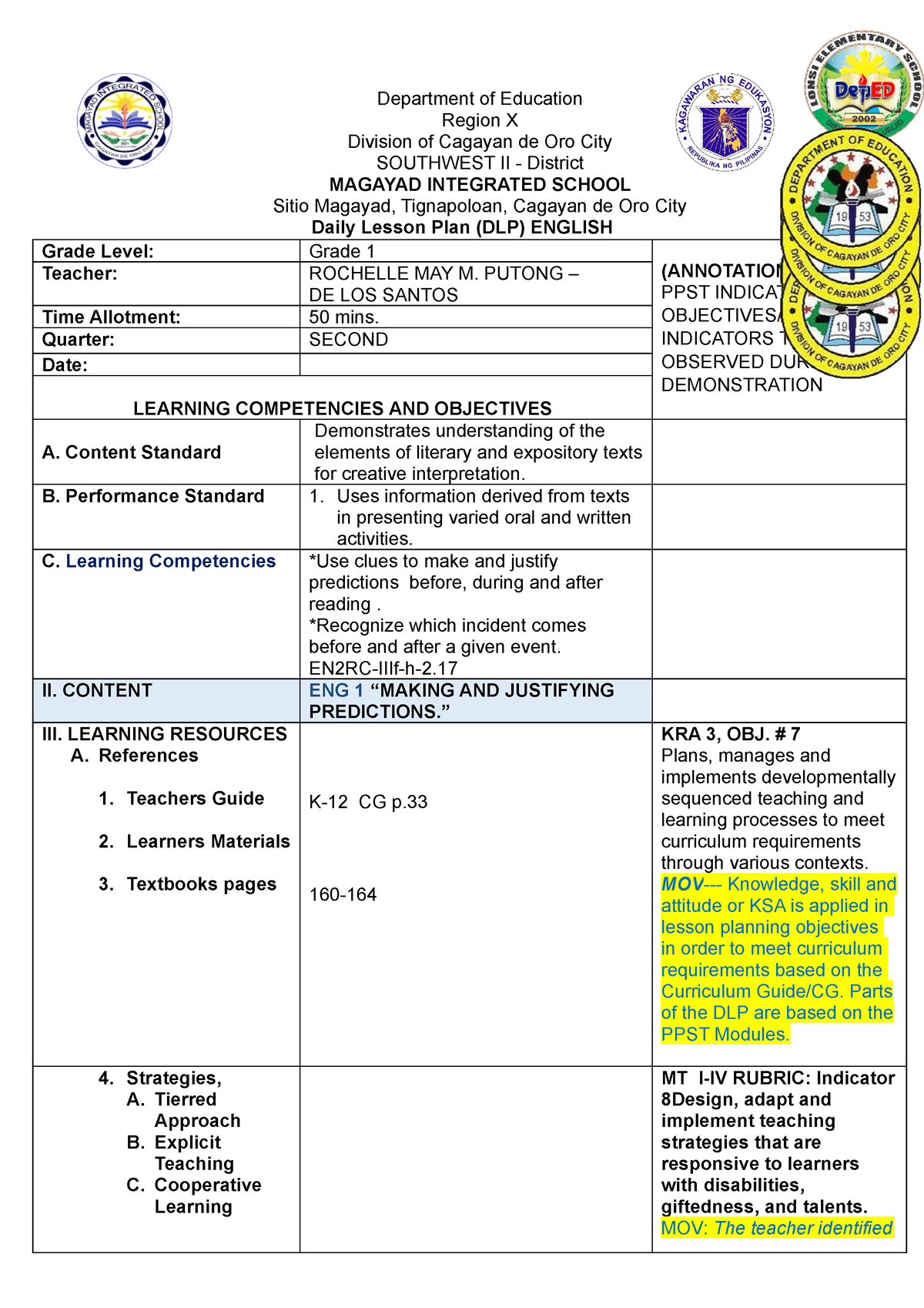 COT Q2 - Lesson Plan Sample 2 - Daily Lesson Plan (DLP) ENGLISH Grade ...