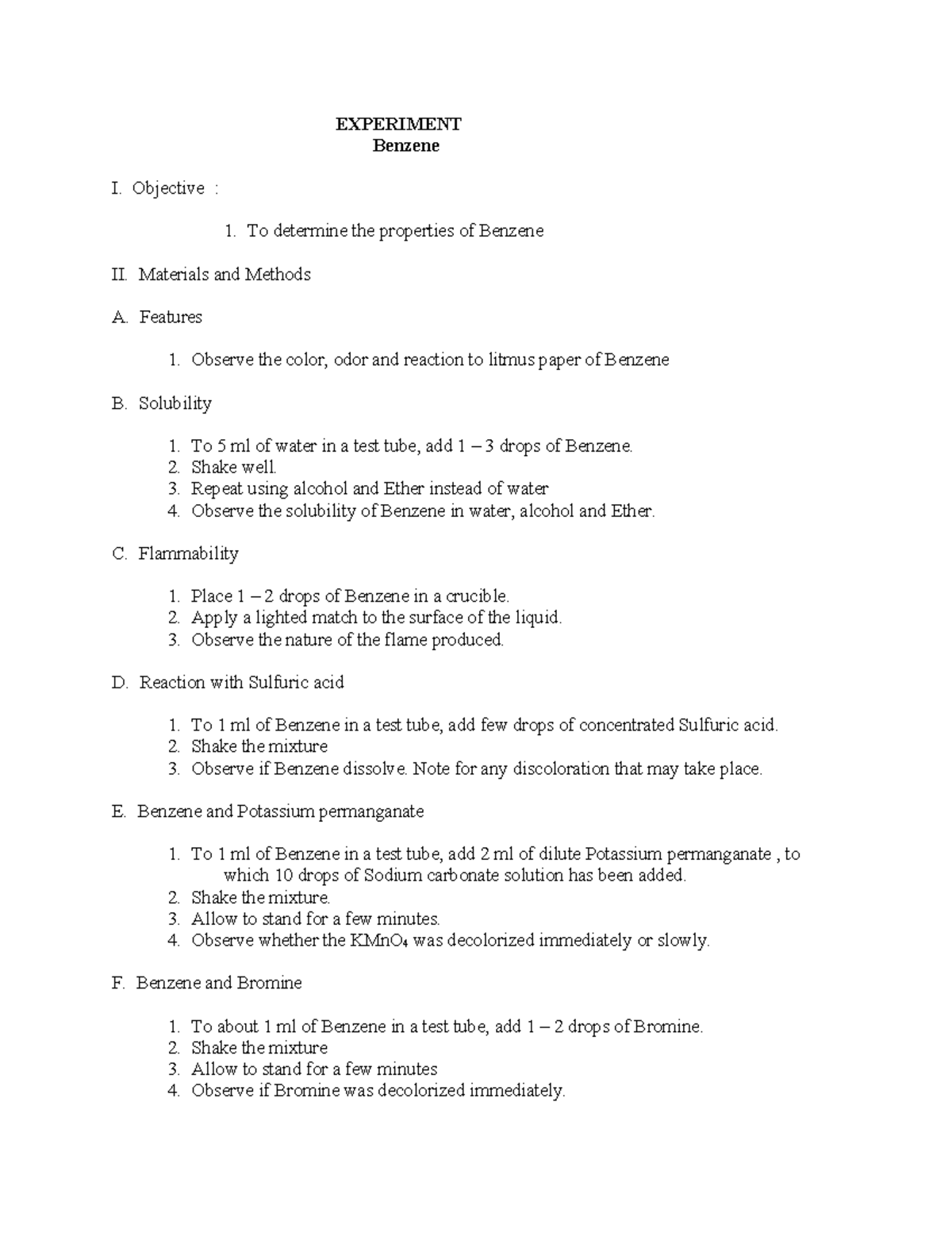 Lab-benzenemethanol-and-ethanol 2 - EXPERIMENT Benzene I. Objective ...