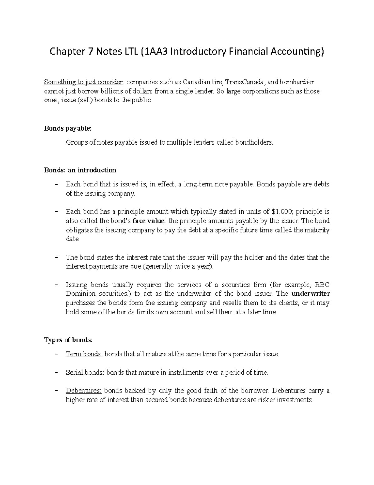 Chapter 7 Notes LTL (1AA3 Introductory Financial Accounting) - Chapter ...