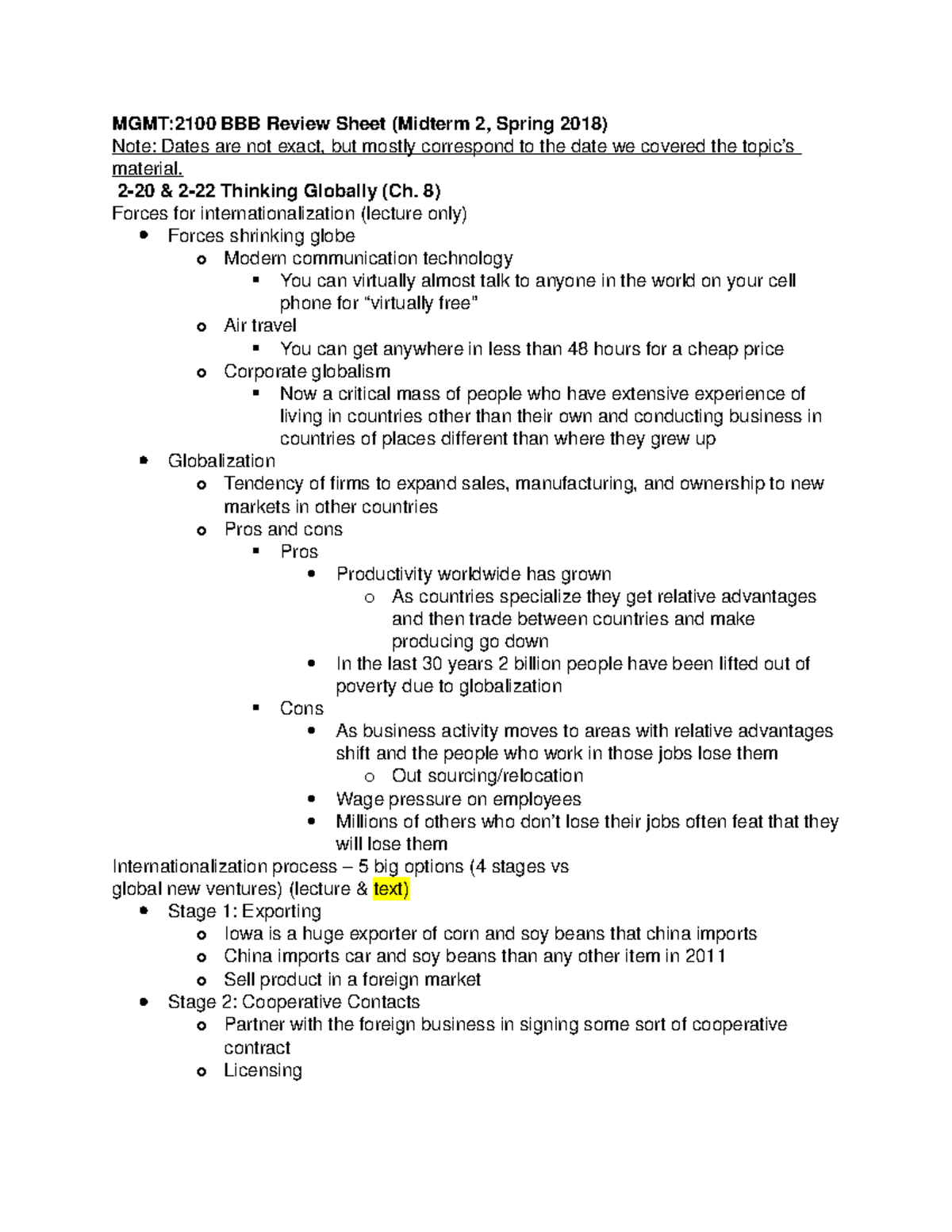 Review Sheet Exam 2 - Eean Crawford - MGMT: 2100BBBRevi ew Sheet( Mi dt ...