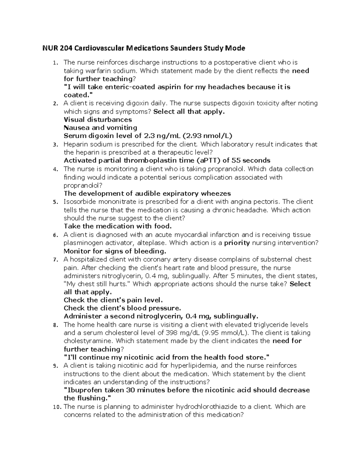 Study Mode Cardiovascular Medications Saunders - NUR 204 Cardiovascular ...