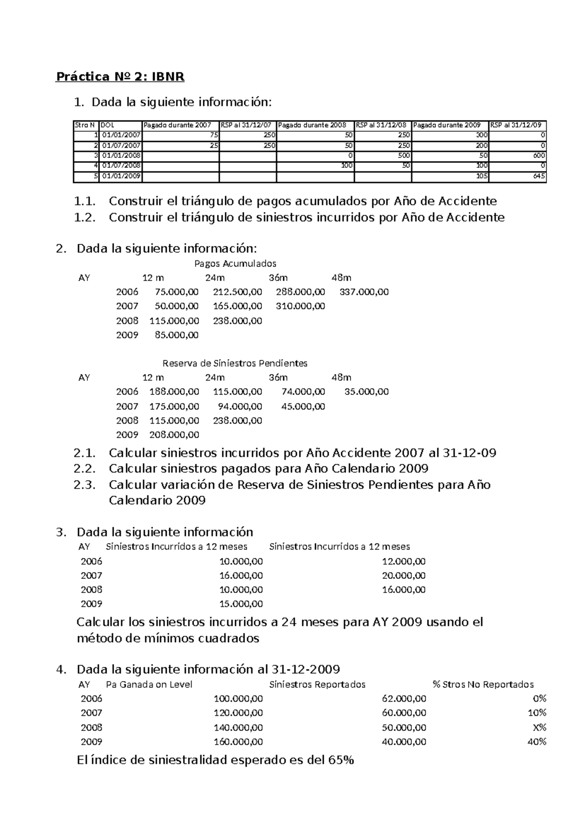 Practica de IBNR - Práctica Nº 2: IBNR 1. Dada la siguiente información ...