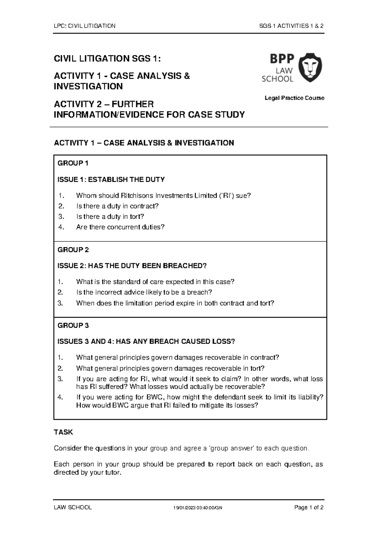 Civil Litigation SGS 1 Activities 1 and 2 - LPC: CIVIL LITIGATION SGS 1 ...