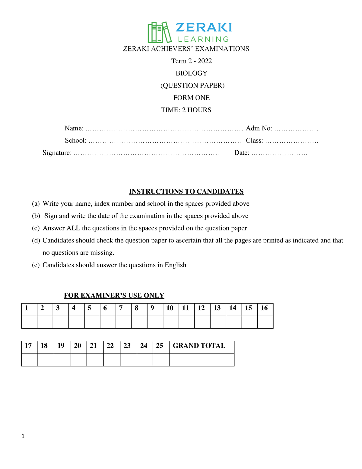 zeraki assignments form 1