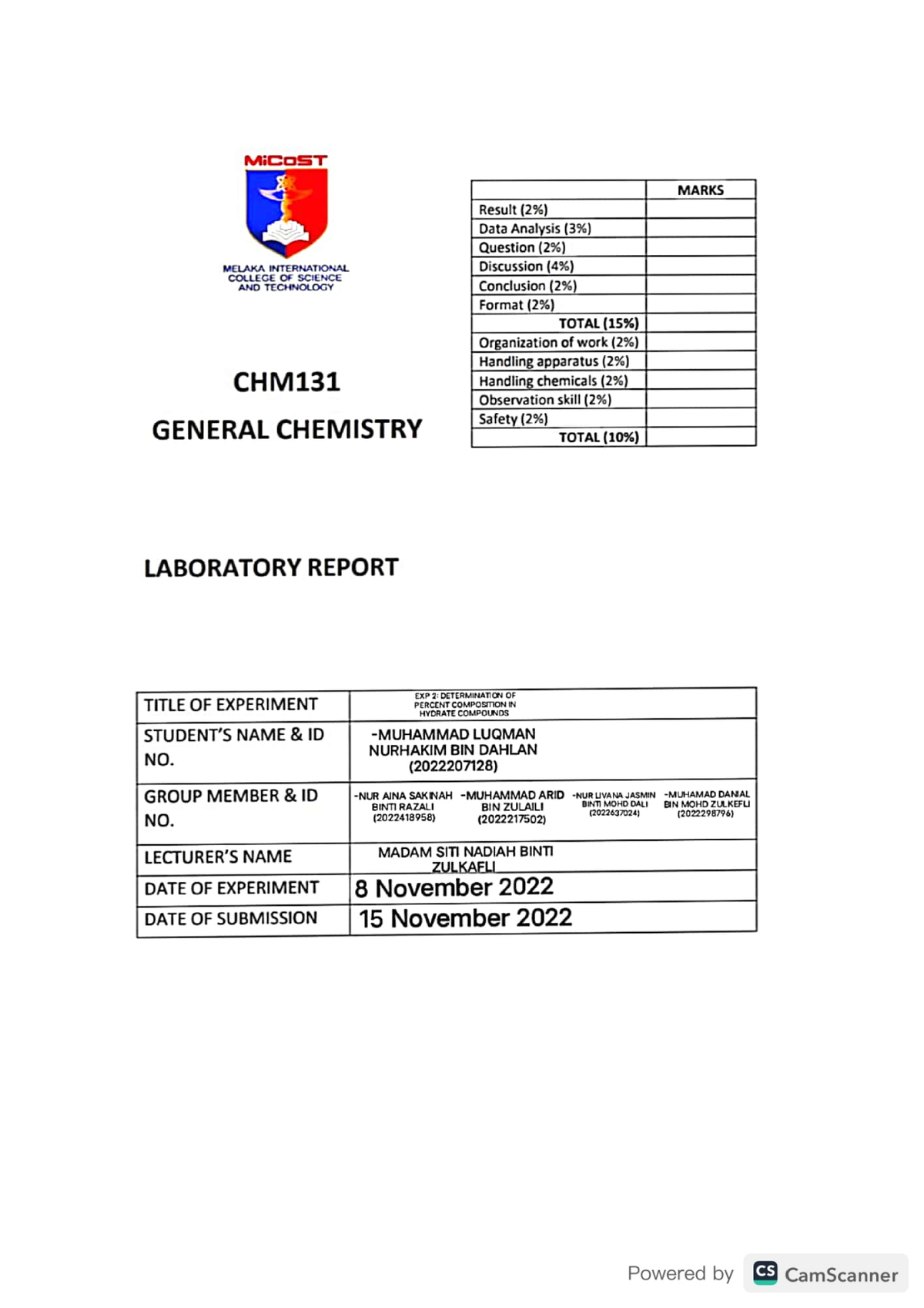 Lab Report EXP 2 CHM.. Muhammad Luqman - Fundamental Of Organic ...