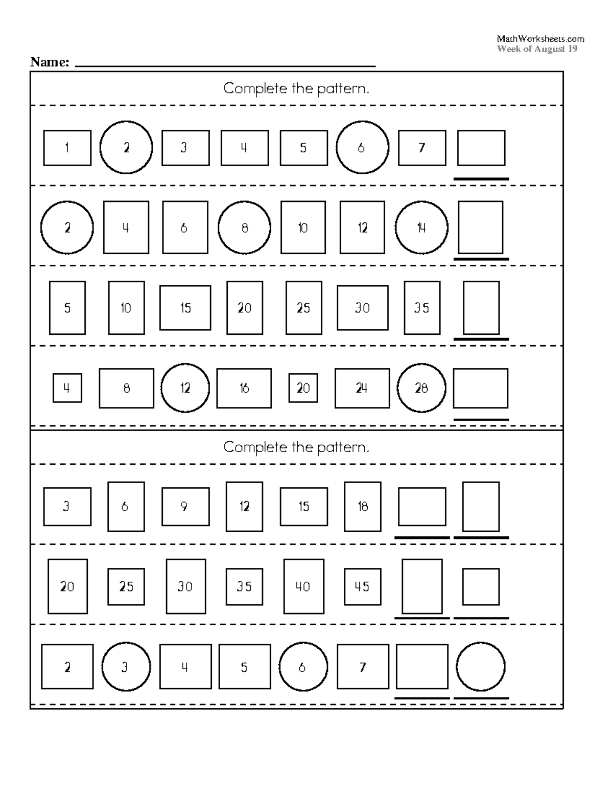Math Worksheets Grade 1 8 19 - Name: Week of August 19 &RPSOHWH WKH ...
