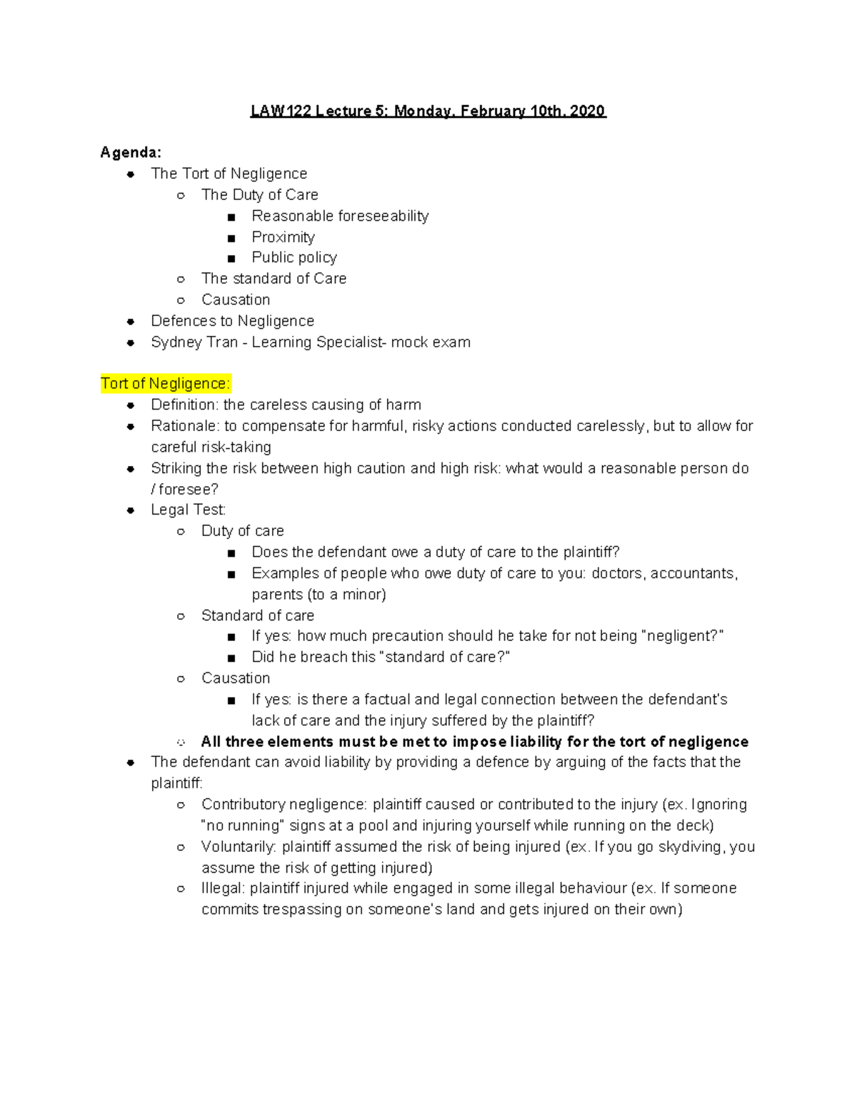 LAW122 Lecture 5 - Important Notes - LAW122 Lecture 5: Monday, February ...