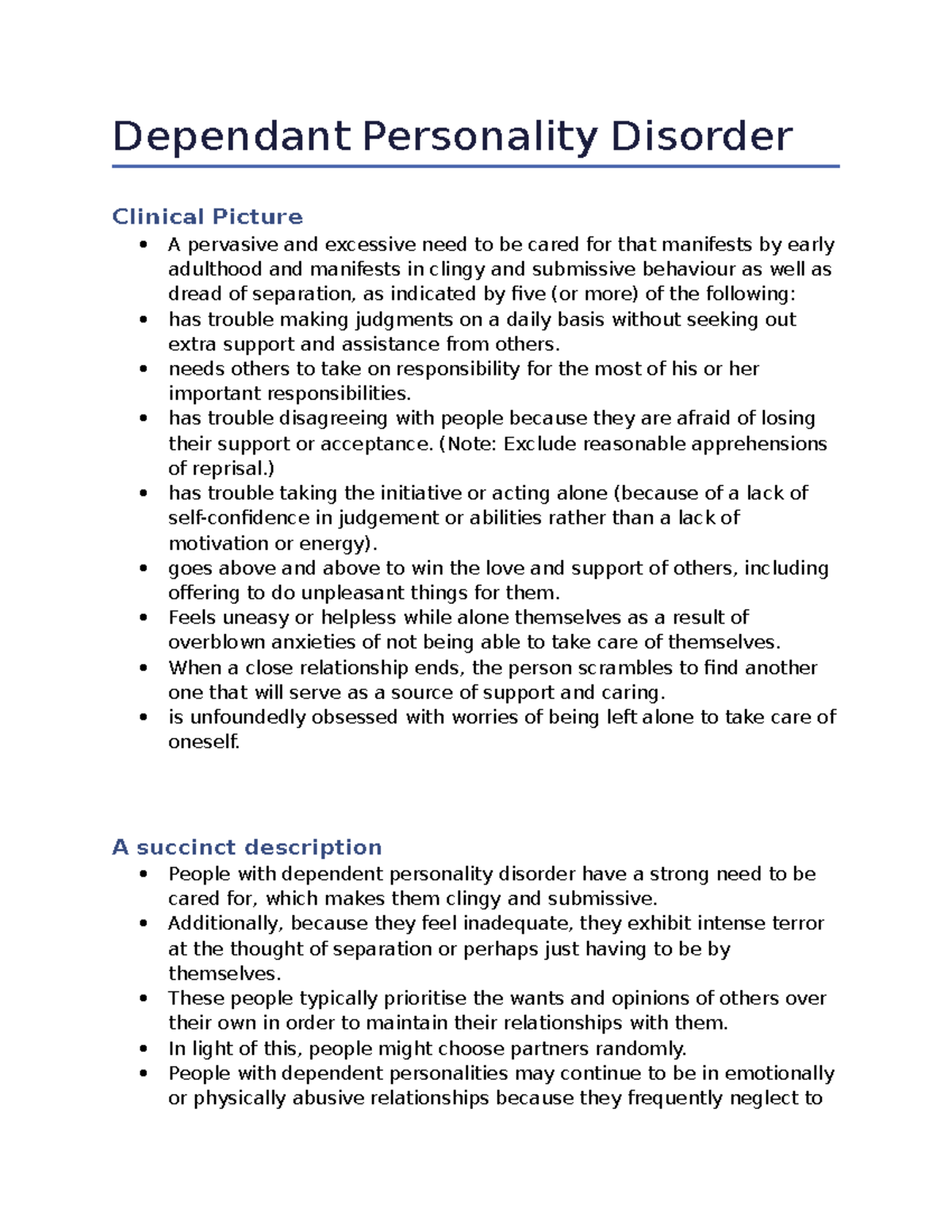 Overview of Dependant Personality Disorder - Dependant Personality ...