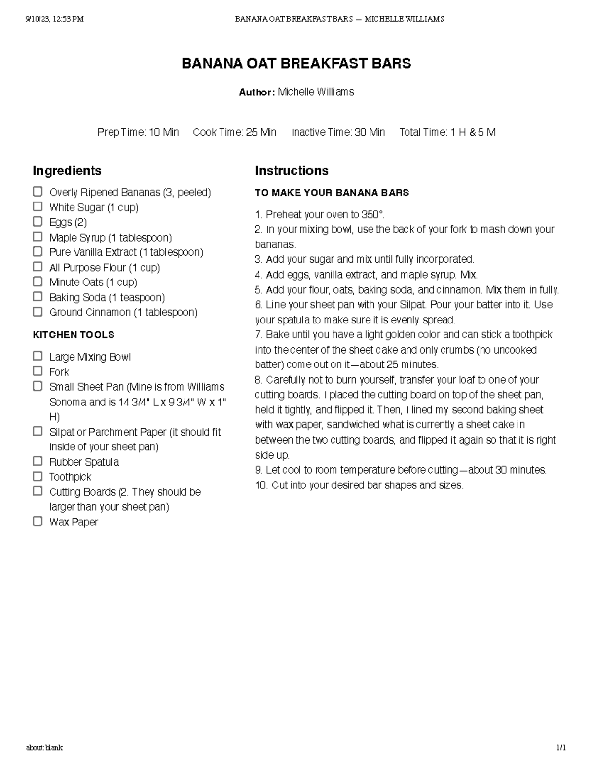 Banana OAT Breakfast BARS — Michelle Williams 9/10/23, 1253 PM