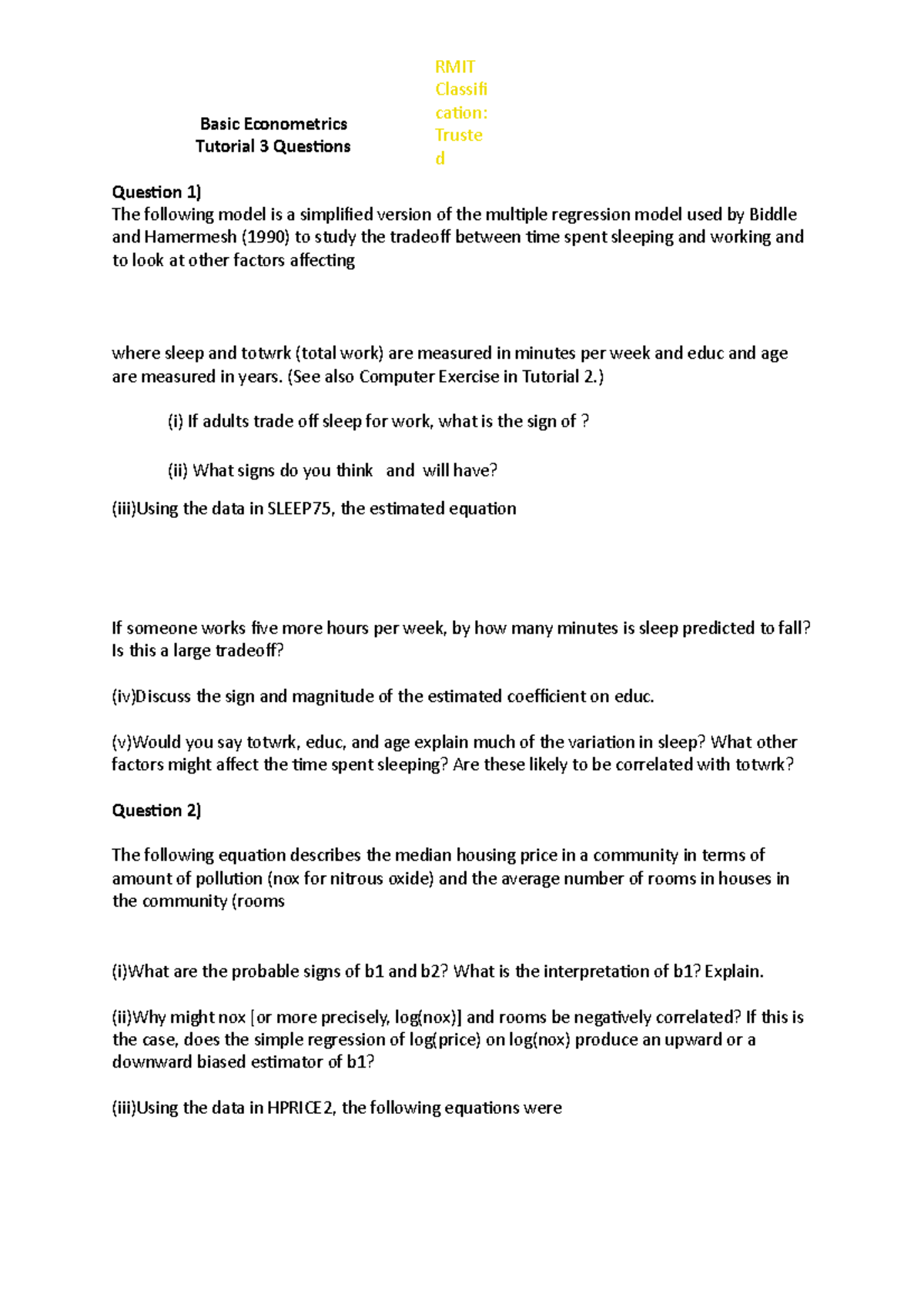 ECON1066 Tutorial 3 Questions - Basic Econometrics Tutorial 3 Questions ...