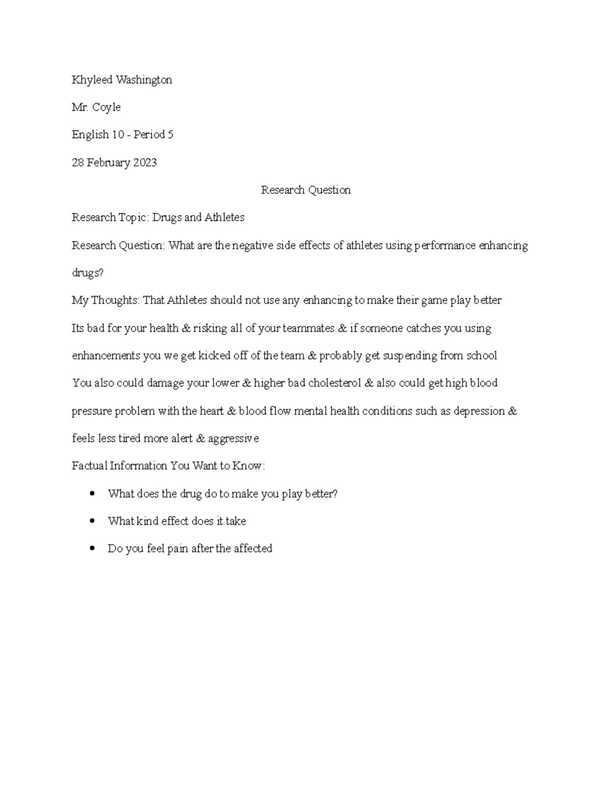 Khyleed Washington - dont - Khyleed Washington Mr. Coyle English 10 ...