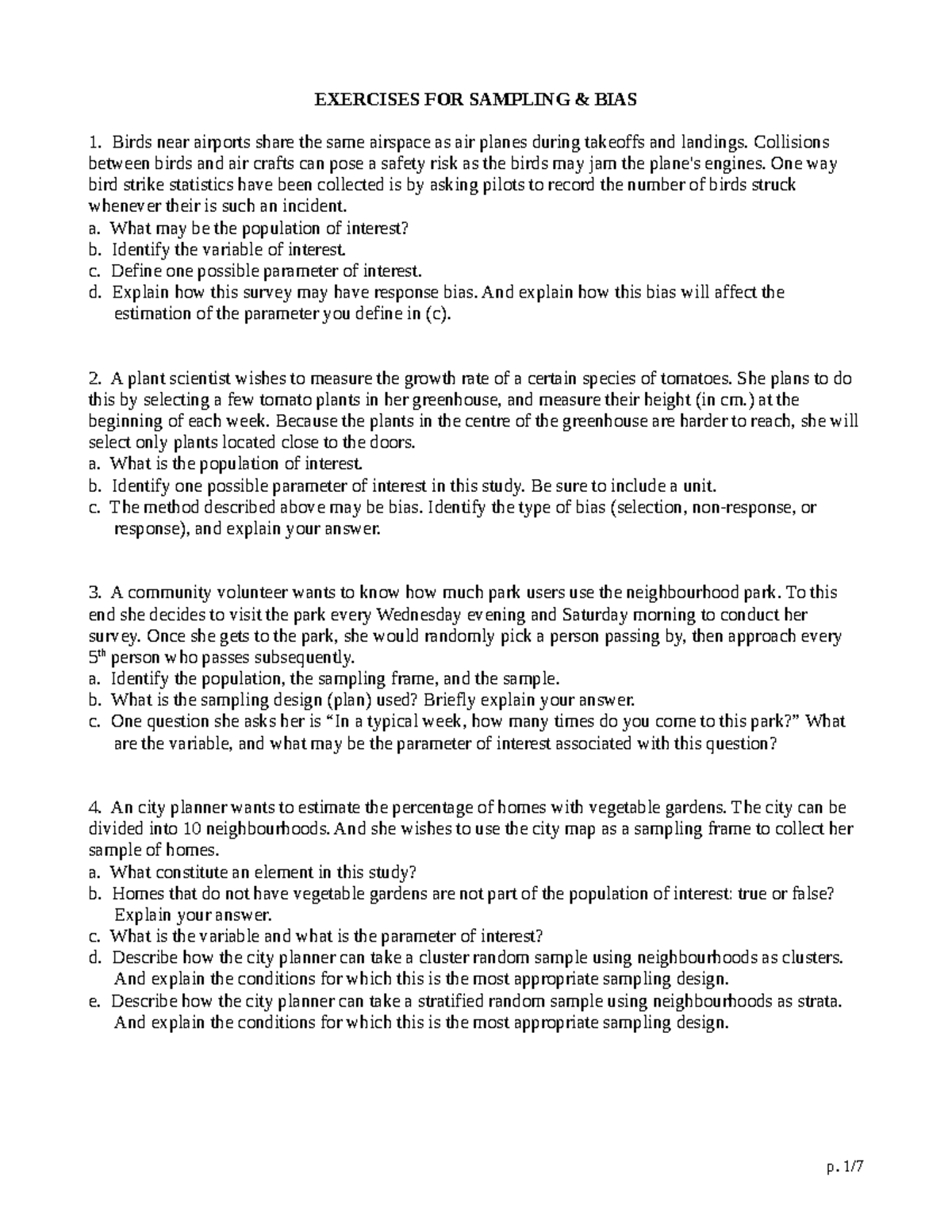 Sampling & Bias Exercises EXERCISES FOR SAMPLING & BIAS Birds near