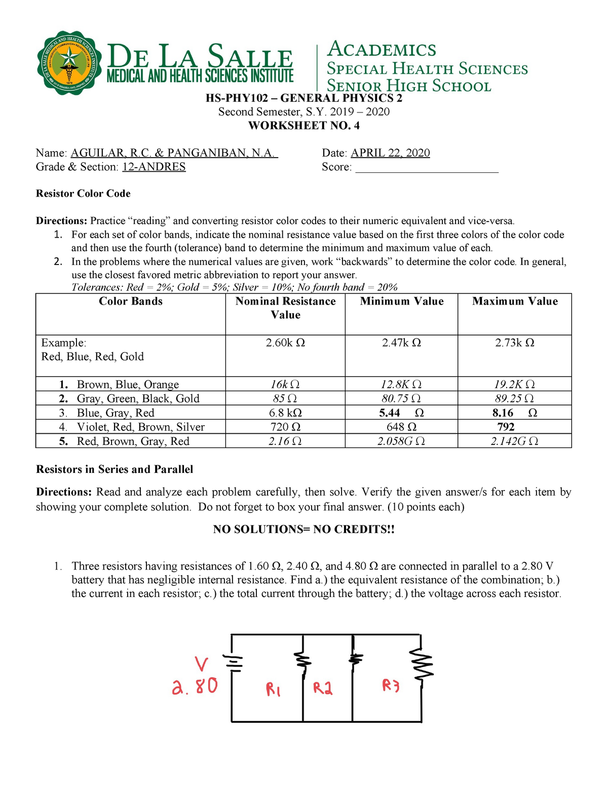 475481660 Worksheet 4 Resistors in Series and Parallel Copy Copy HSPHY102 GENERAL PHYSICS 2