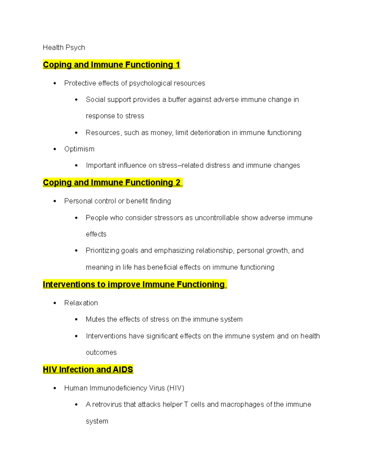 Health Psych DAY 55 HIV infection and AIDS Health Psych Coping and