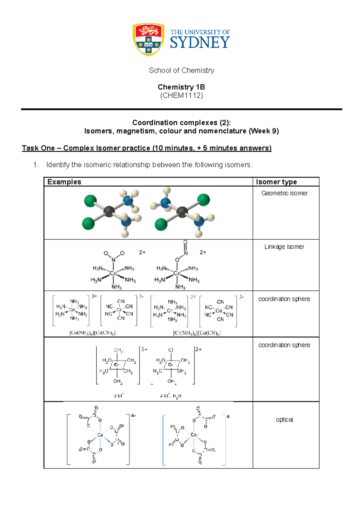 CHEM1112, 2023, Worksheet 9 - School Of Chemistry Chemistry 1B ...