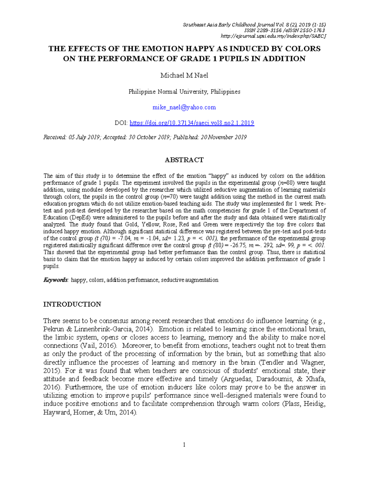 The effects of the emotion happy as induced by colors on the ...