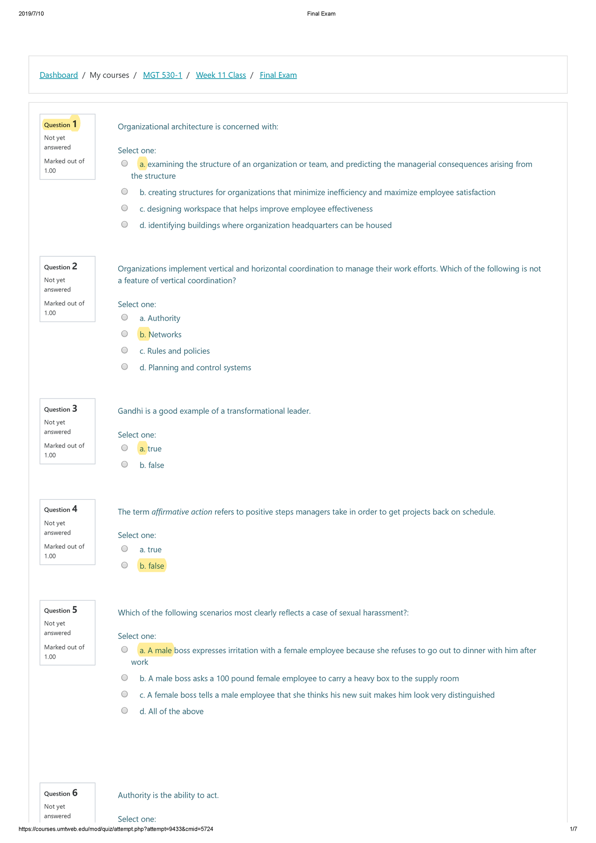 Final Exam - Dashboard / My courses / MGT 530-1 / Week 11 Class / Final ...