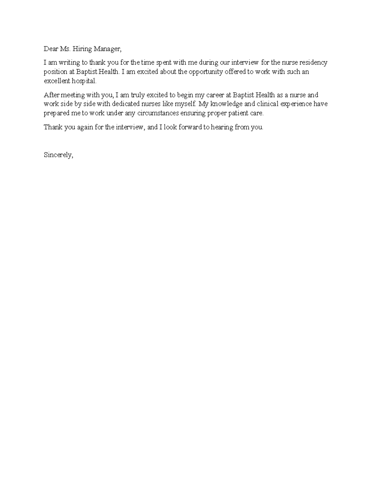 Thank you letter 030424 - Dear Ms. Hiring Manager, I am writing to ...