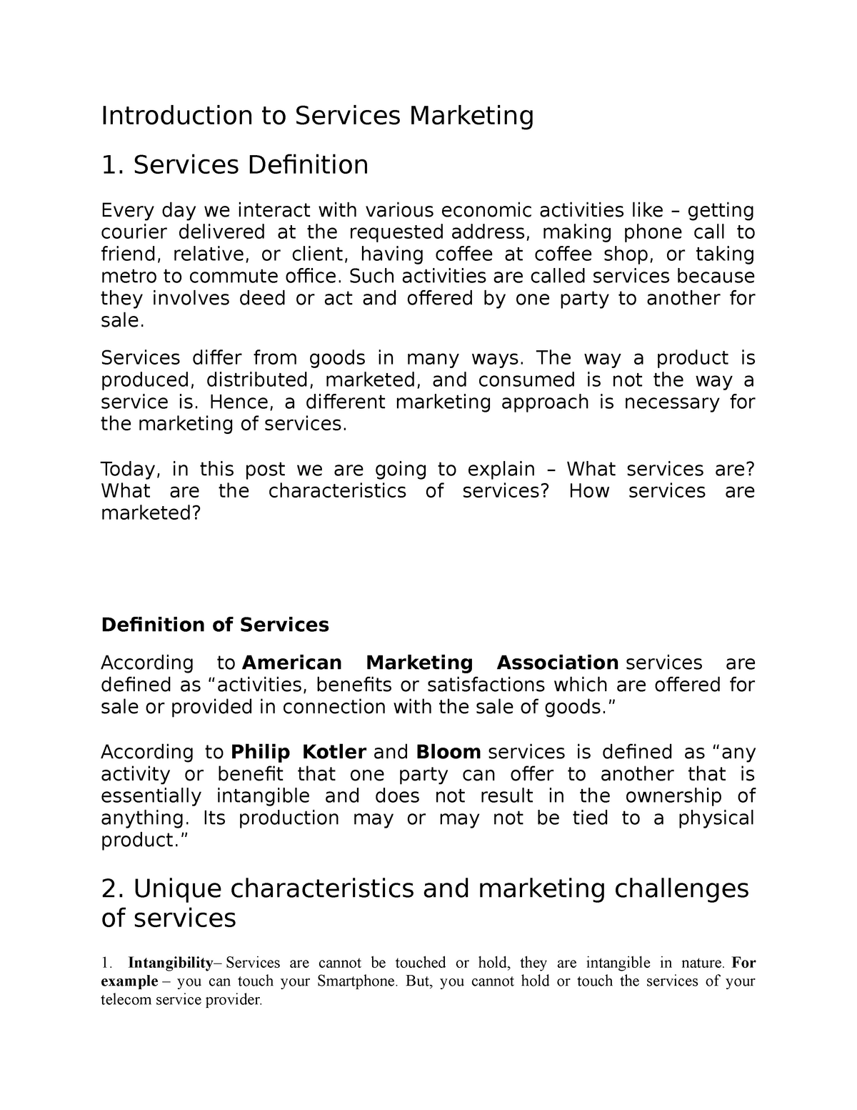 Services Marketing Notes Introduction To Services Marketing 1 