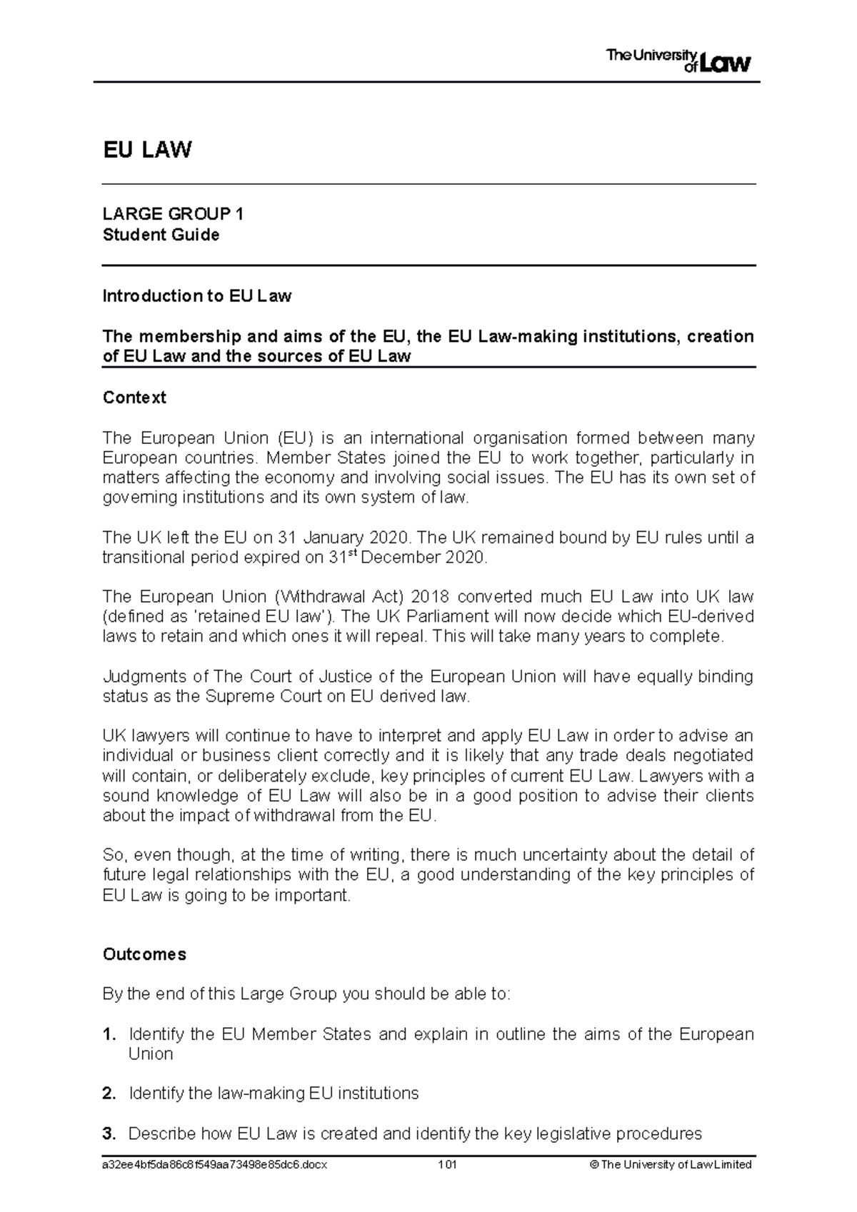 LG 1 SG - EU LAW LARGE GROUP 1 Student Guide Introduction to EU Law The ...