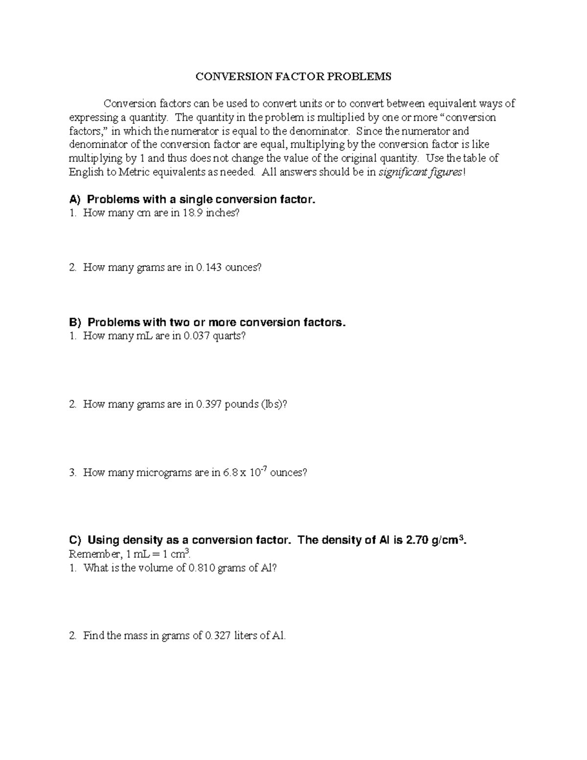 Conversion Factor Problems - CONVERSION FACTOR PROBLEMS Conversion ...
