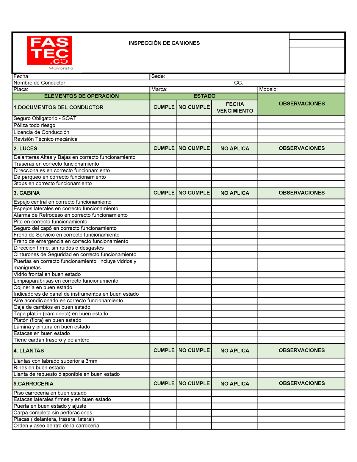 Formato Inspección de Camiones Fastec DE Colombia - INSPECCIÓN DE